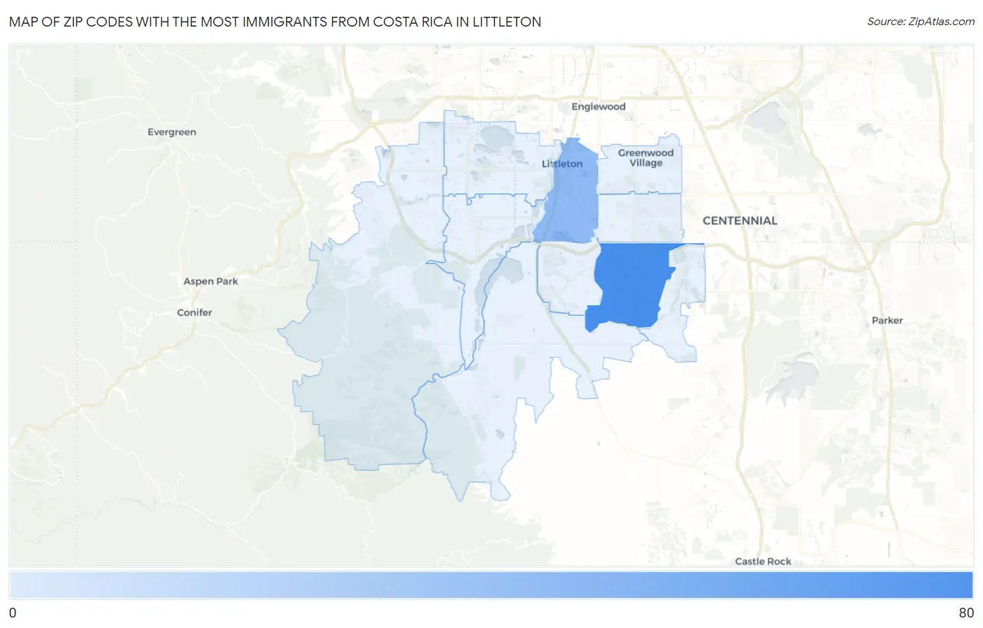 Zip Codes with the Most Immigrants from Costa Rica in Littleton Map