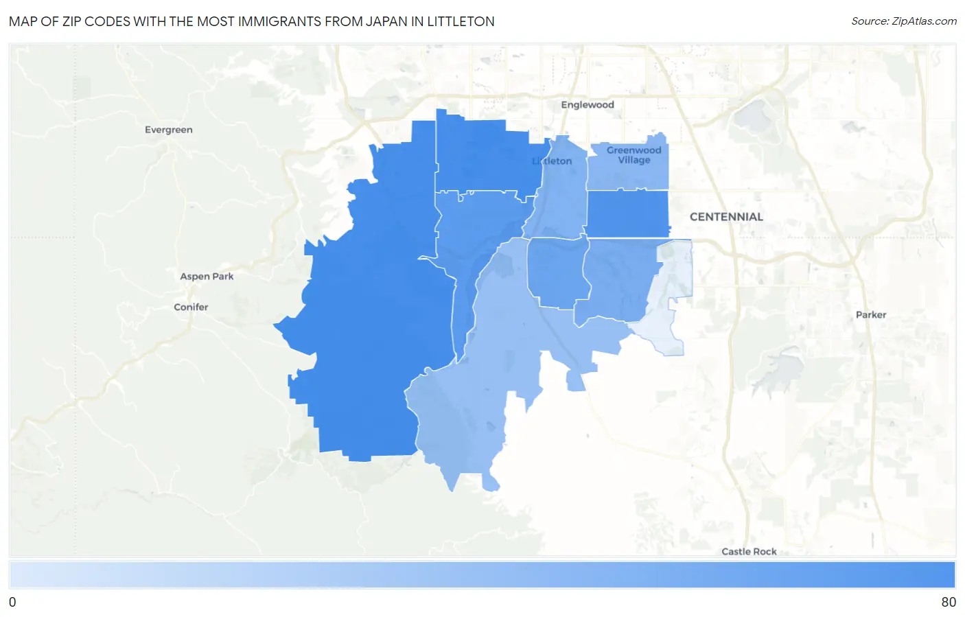 Zip Codes with the Most Immigrants from Japan in Littleton Map