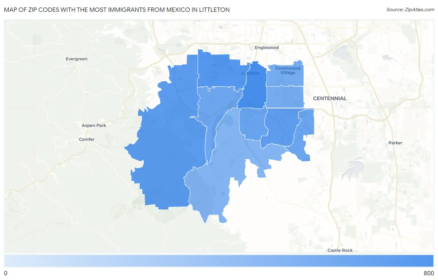 Zip Codes with the Most Immigrants from Mexico in Littleton Map