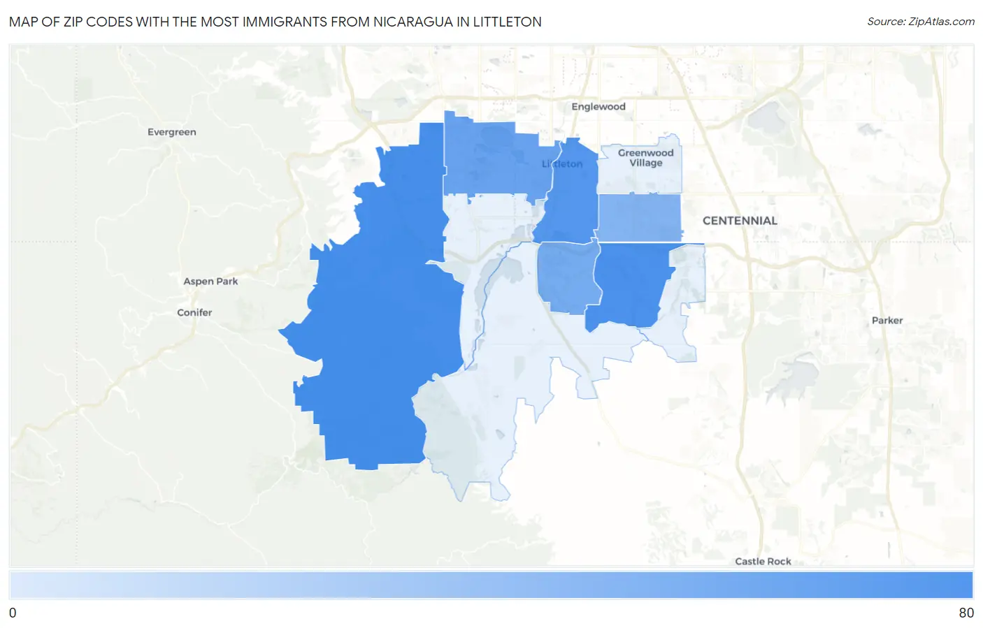Zip Codes with the Most Immigrants from Nicaragua in Littleton Map