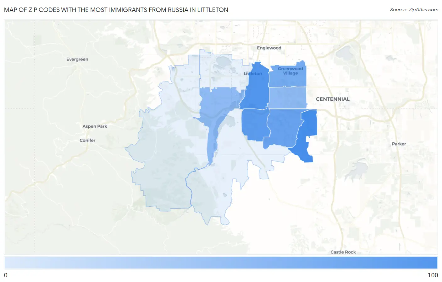Zip Codes with the Most Immigrants from Russia in Littleton Map