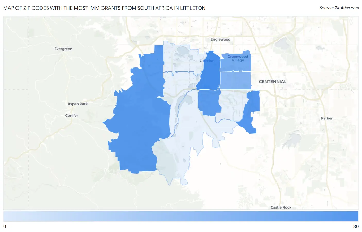 Zip Codes with the Most Immigrants from South Africa in Littleton Map