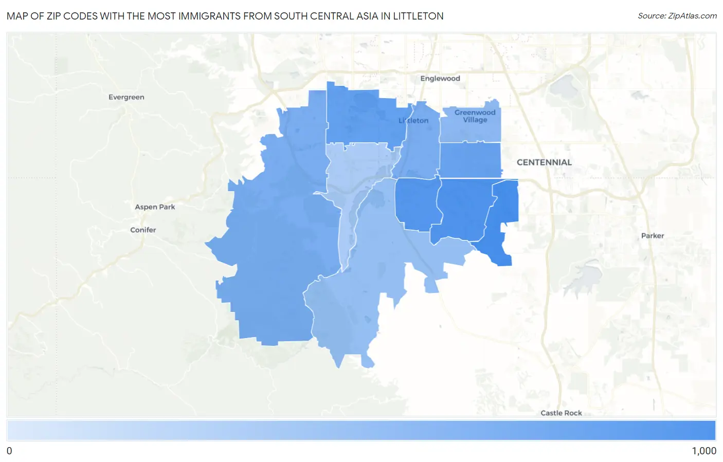 Zip Codes with the Most Immigrants from South Central Asia in Littleton Map