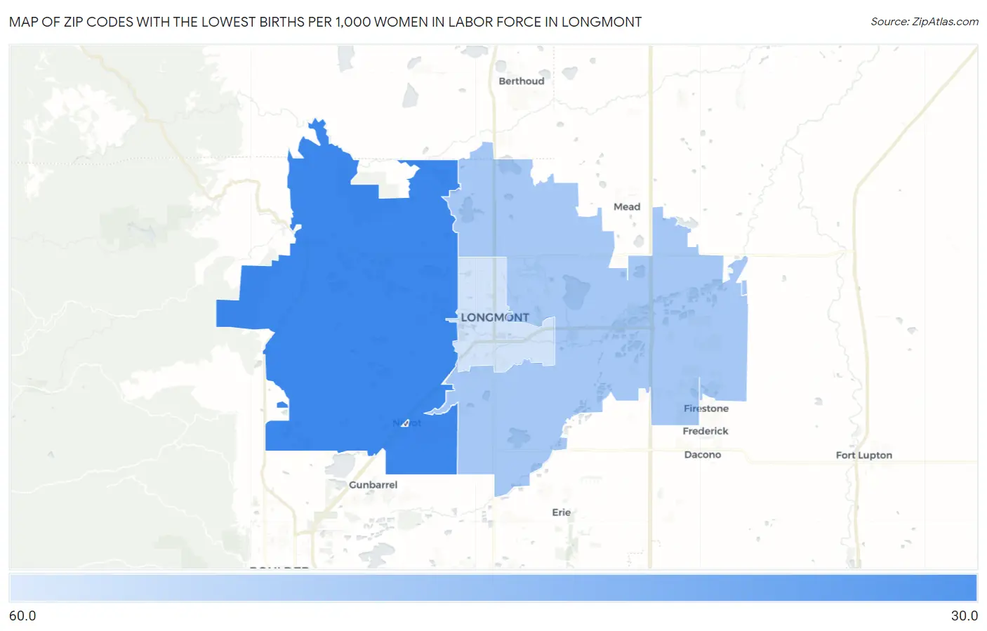 Zip Codes with the Lowest Births per 1,000 Women in Labor Force in Longmont Map