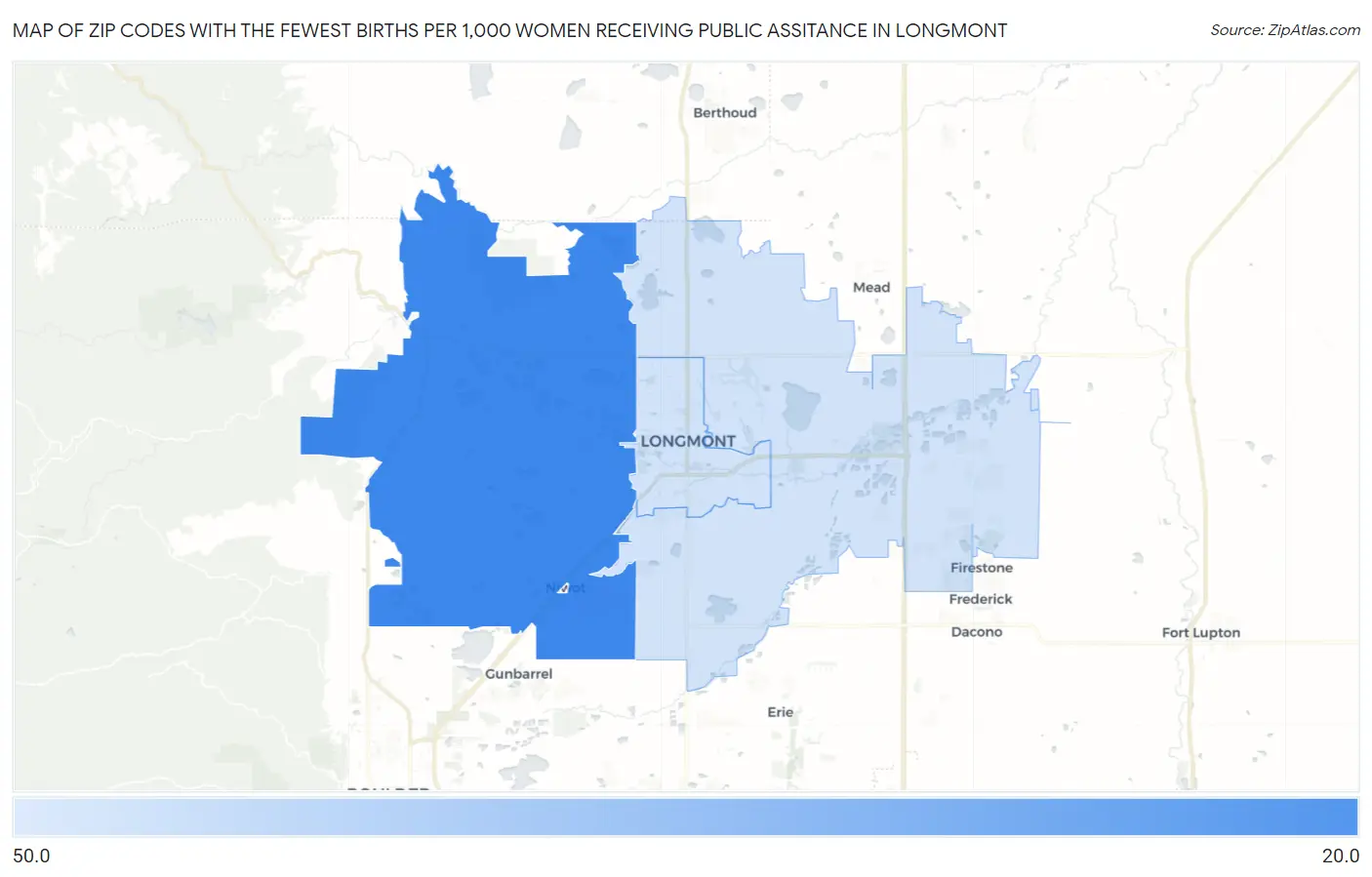 Zip Codes with the Fewest Births per 1,000 Women Receiving Public Assitance in Longmont Map