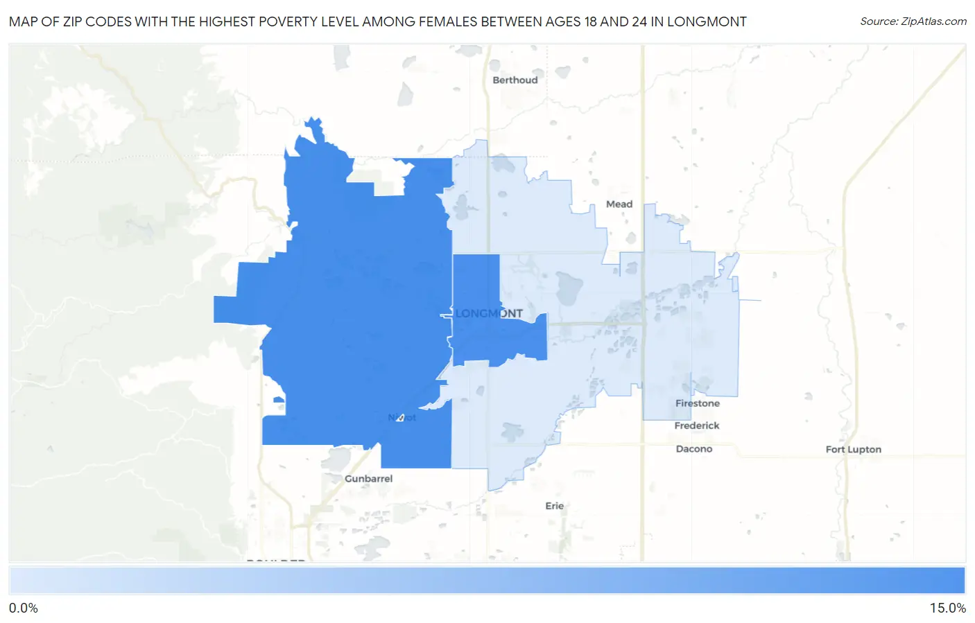 Zip Codes with the Highest Poverty Level Among Females Between Ages 18 and 24 in Longmont Map