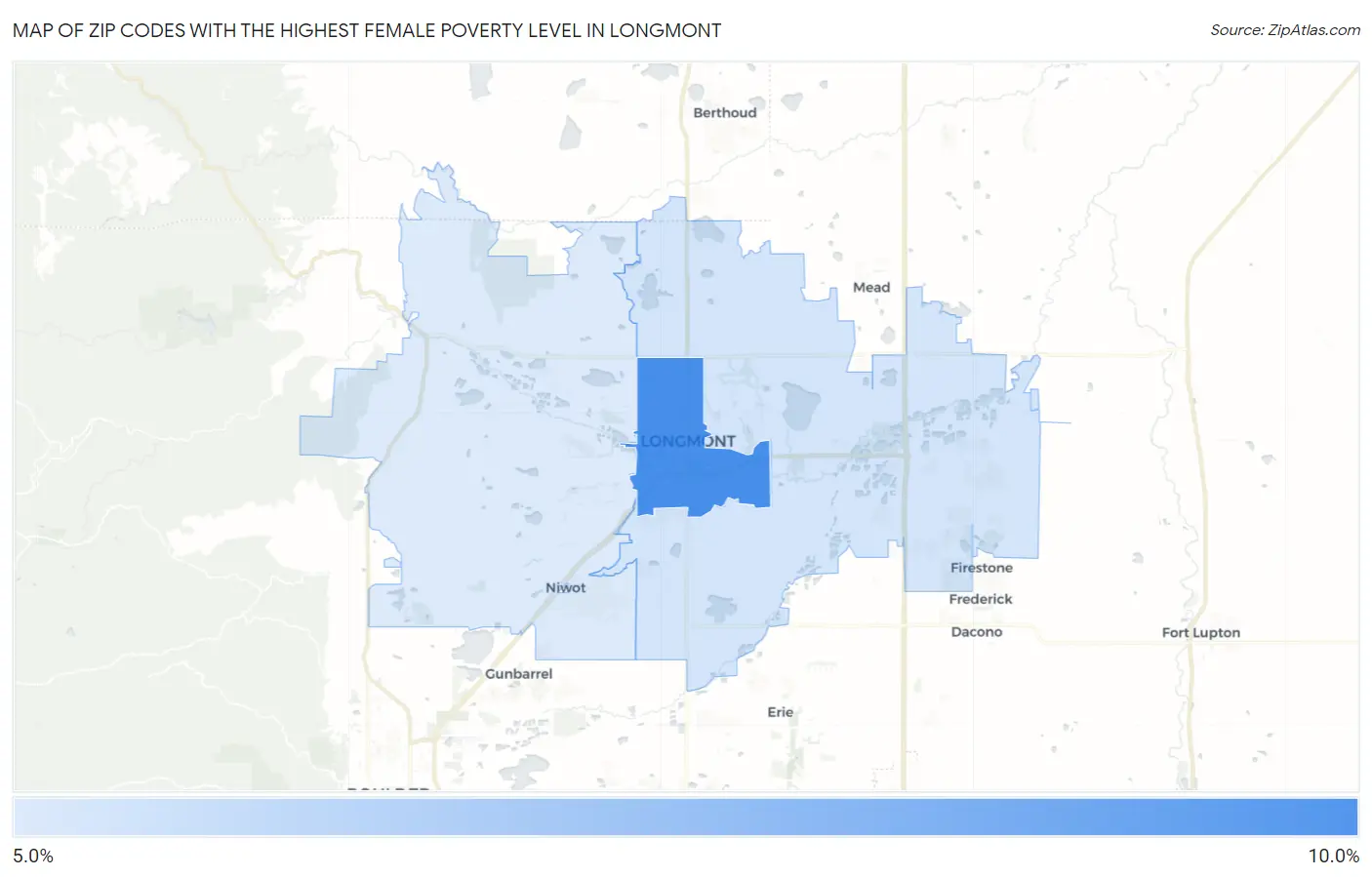 Zip Codes with the Highest Female Poverty Level in Longmont Map