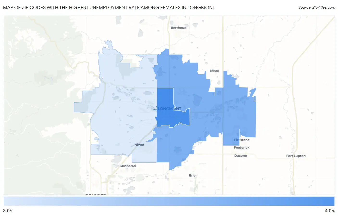 Zip Codes with the Highest Unemployment Rate Among Females in Longmont Map