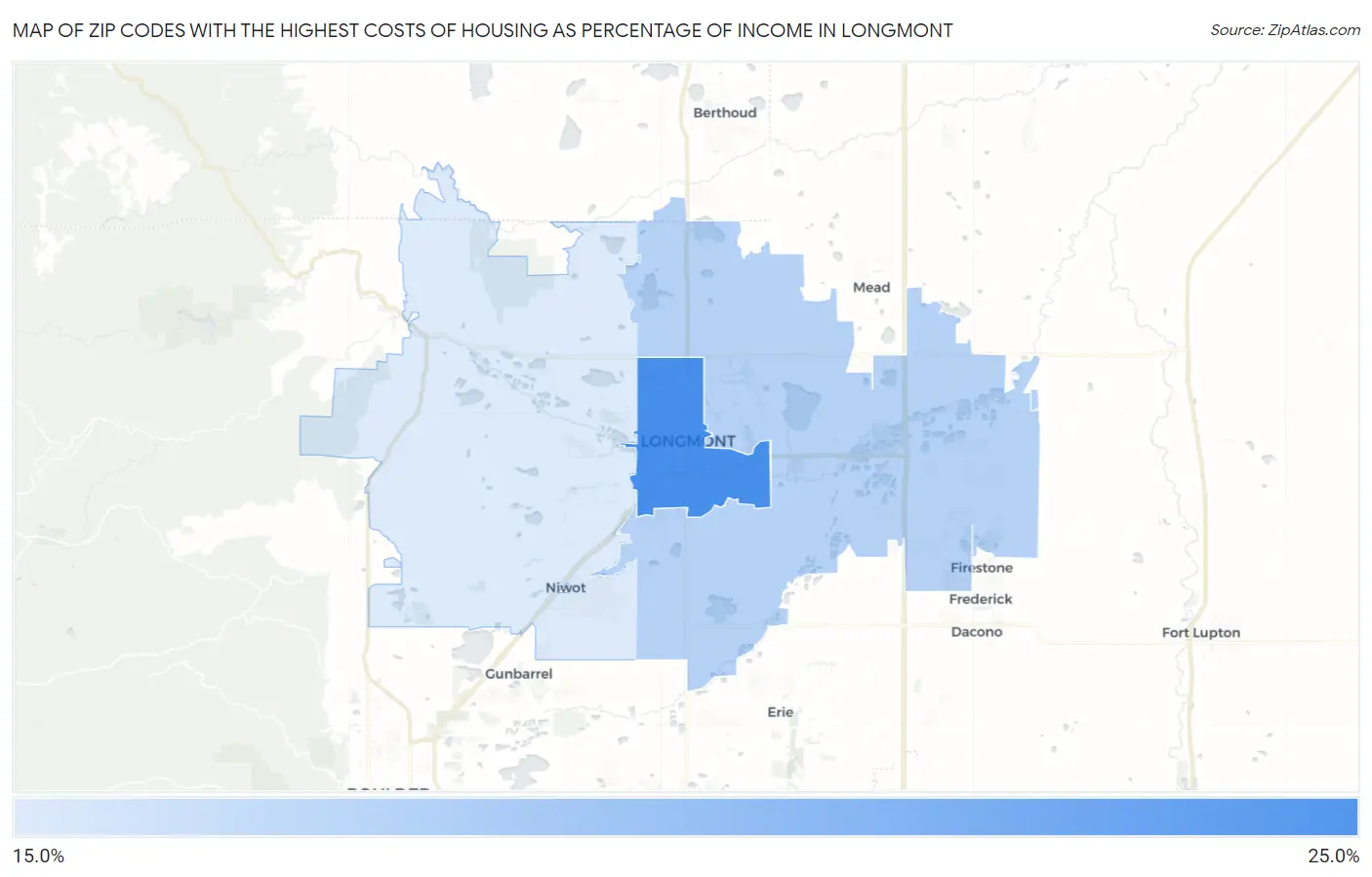 Zip Codes with the Highest Costs of Housing as Percentage of Income in Longmont Map