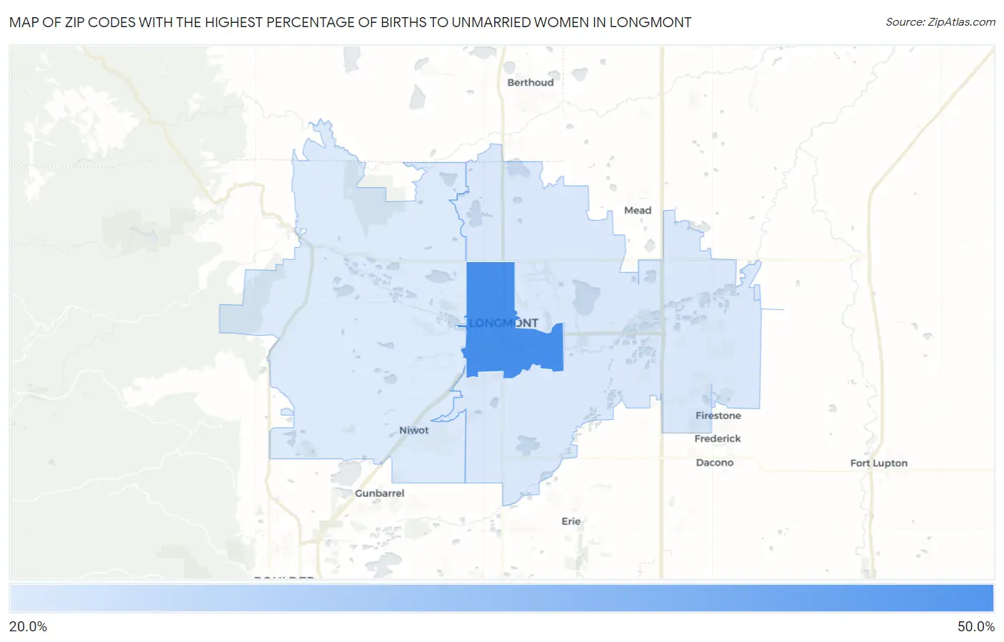 Zip Codes with the Highest Percentage of Births to Unmarried Women in Longmont Map