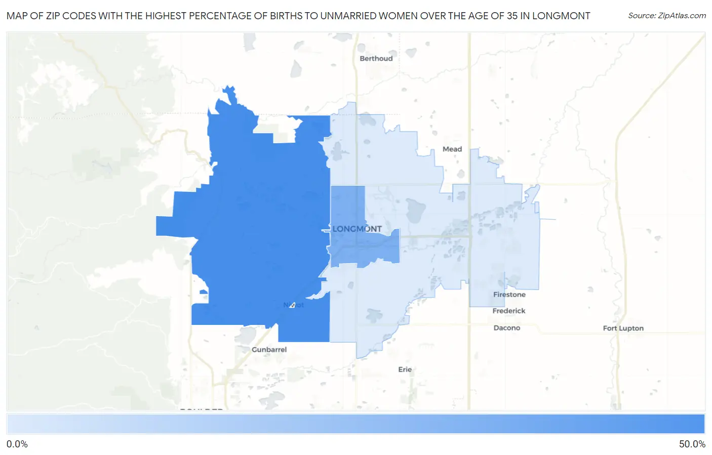 Zip Codes with the Highest Percentage of Births to Unmarried Women over the Age of 35 in Longmont Map