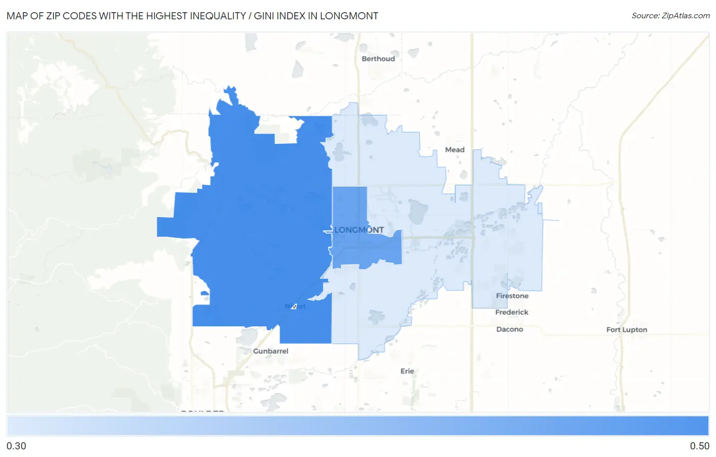 Zip Codes with the Highest Inequality / Gini Index in Longmont Map