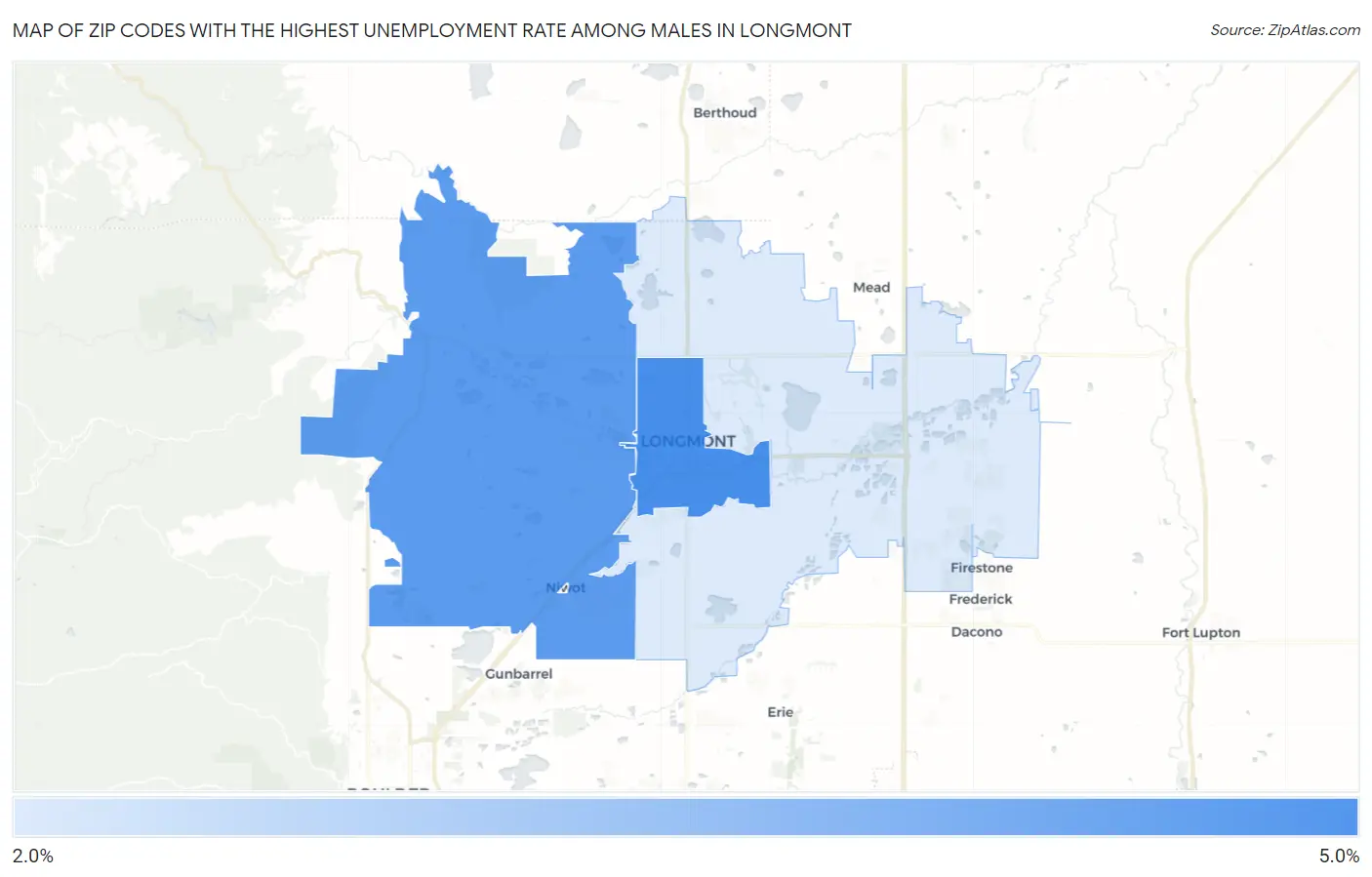 Zip Codes with the Highest Unemployment Rate Among Males in Longmont Map