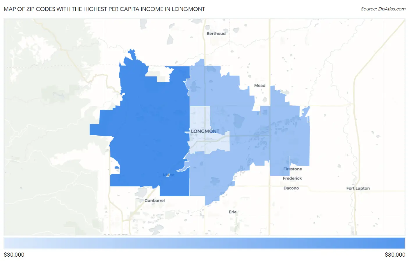 Zip Codes with the Highest Per Capita Income in Longmont Map