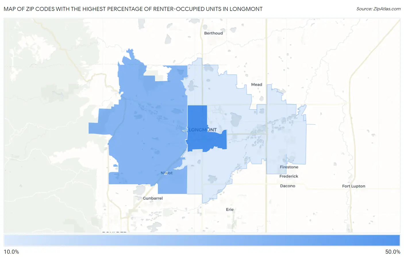 Zip Codes with the Highest Percentage of Renter-Occupied Units in Longmont Map