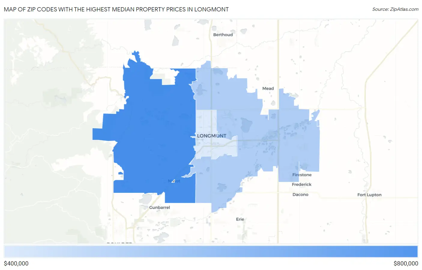 Zip Codes with the Highest Median Property Prices in Longmont Map