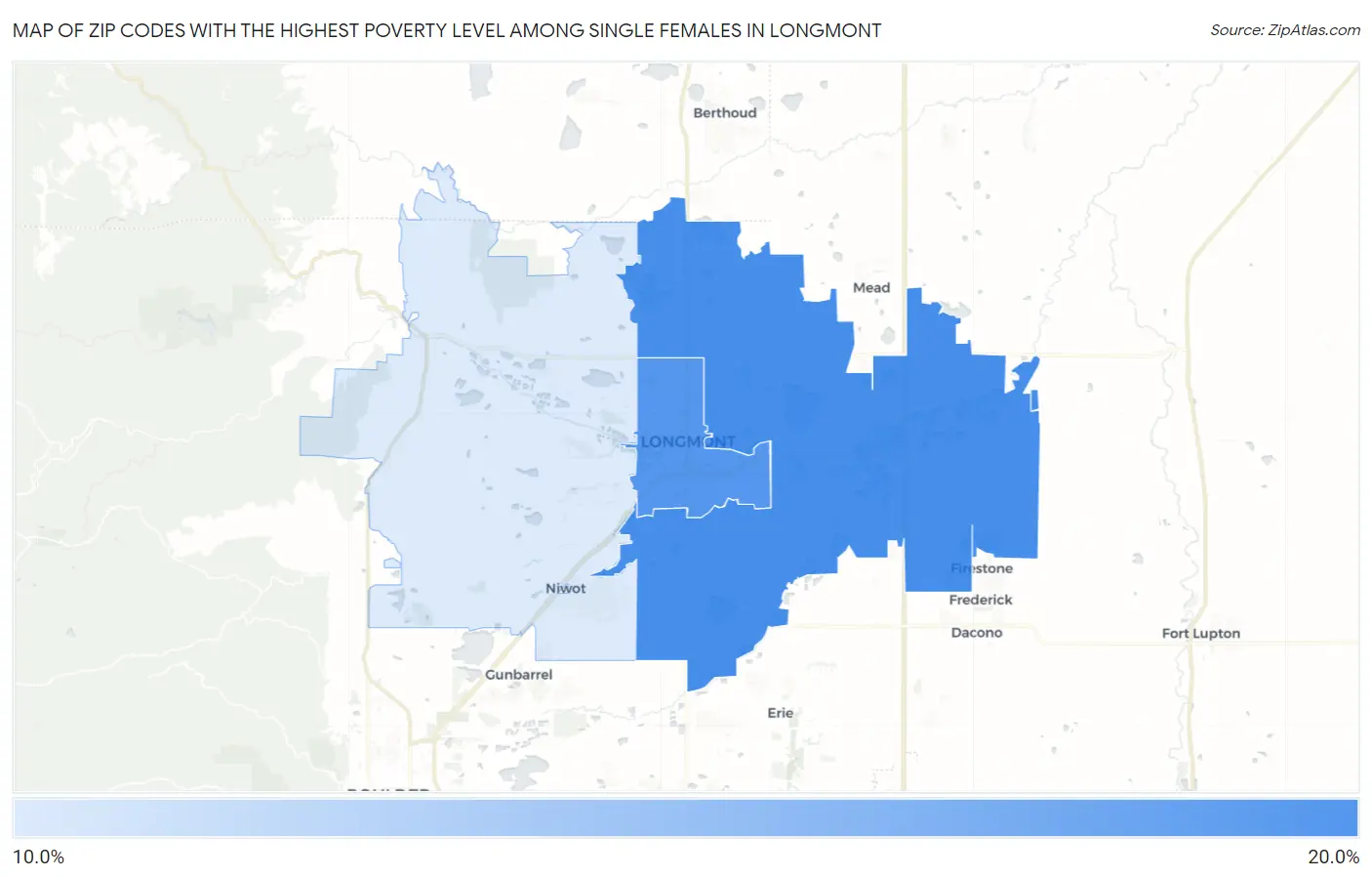 Zip Codes with the Highest Poverty Level Among Single Females in Longmont Map