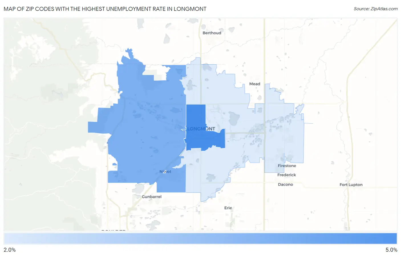 Zip Codes with the Highest Unemployment Rate in Longmont Map