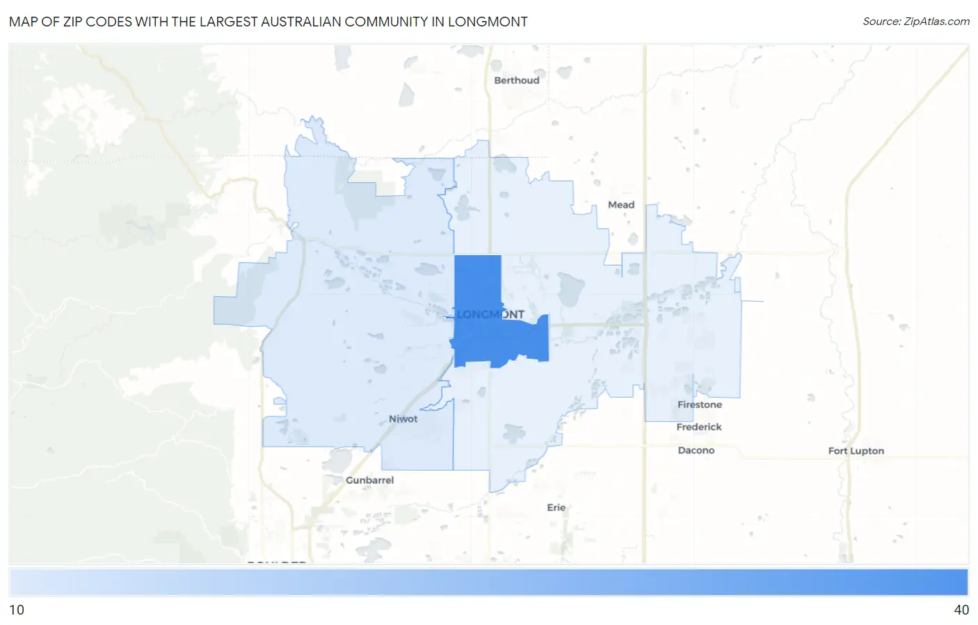 Zip Codes with the Largest Australian Community in Longmont Map