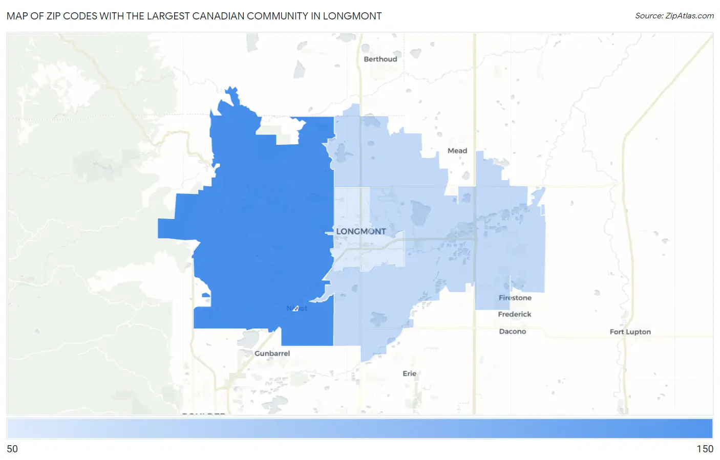 Zip Codes with the Largest Canadian Community in Longmont Map