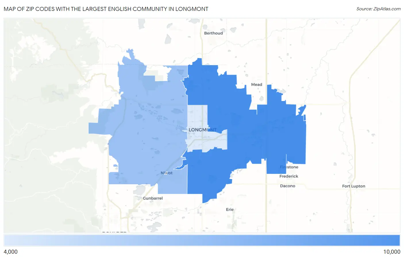 Zip Codes with the Largest English Community in Longmont Map