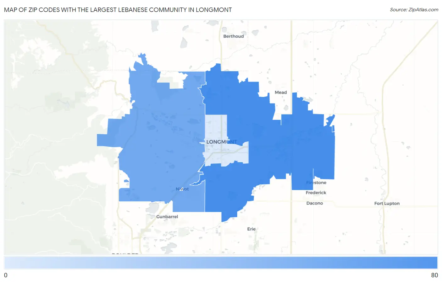 Zip Codes with the Largest Lebanese Community in Longmont Map