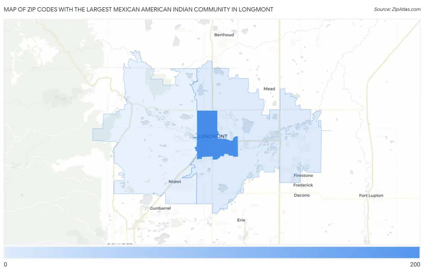Zip Codes with the Largest Mexican American Indian Community in Longmont Map
