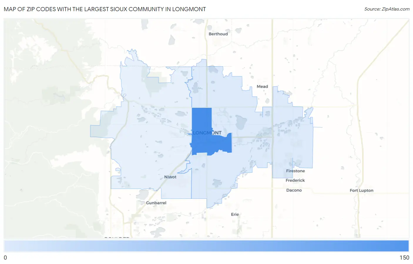 Zip Codes with the Largest Sioux Community in Longmont Map