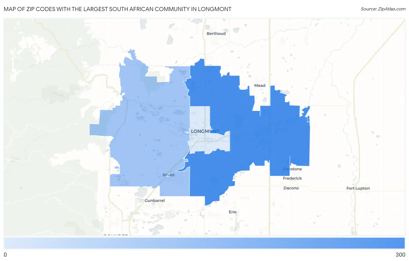 Zip Codes with the Largest South African Community in Longmont Map