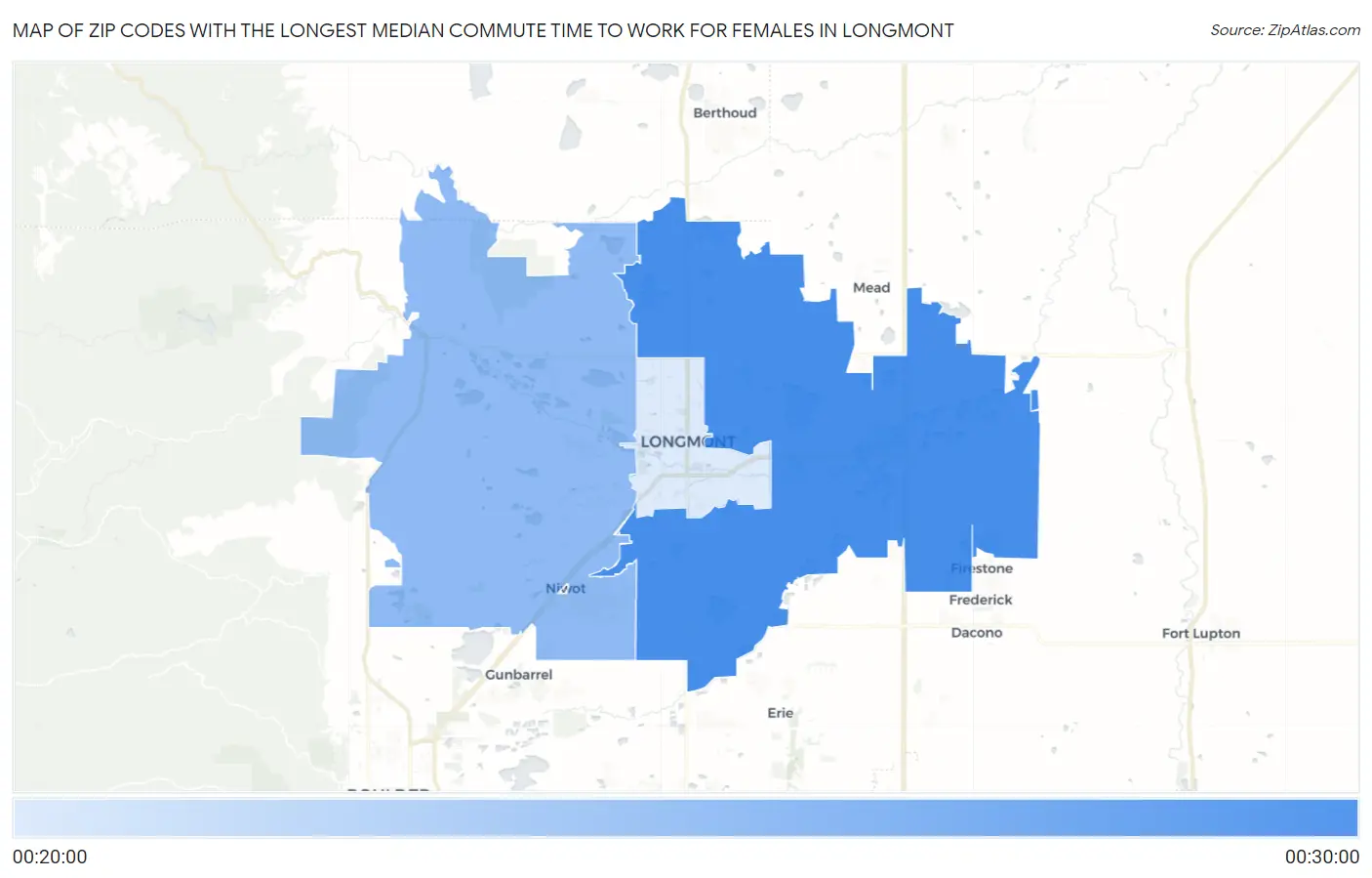 Zip Codes with the Longest Median Commute Time to Work for Females in Longmont Map