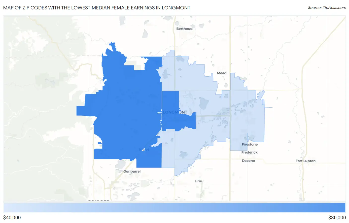 Zip Codes with the Lowest Median Female Earnings in Longmont Map