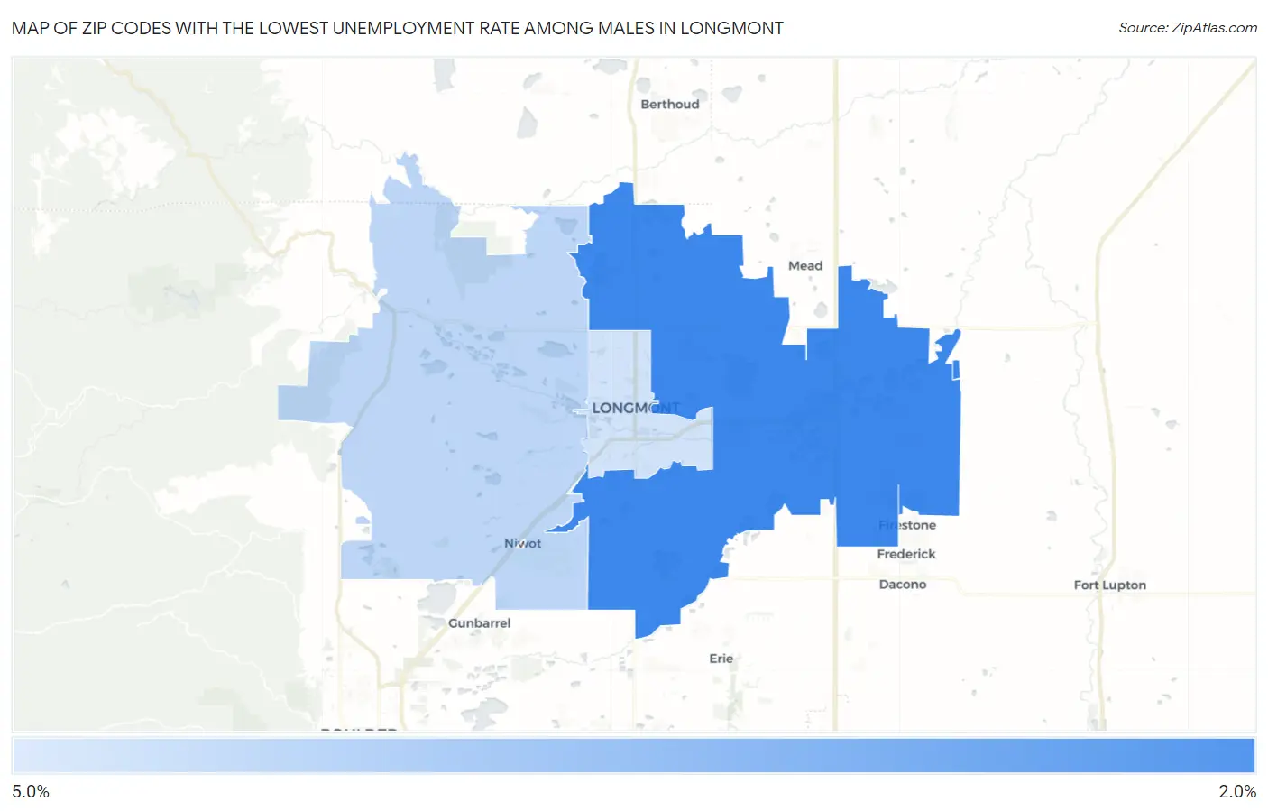 Zip Codes with the Lowest Unemployment Rate Among Males in Longmont Map