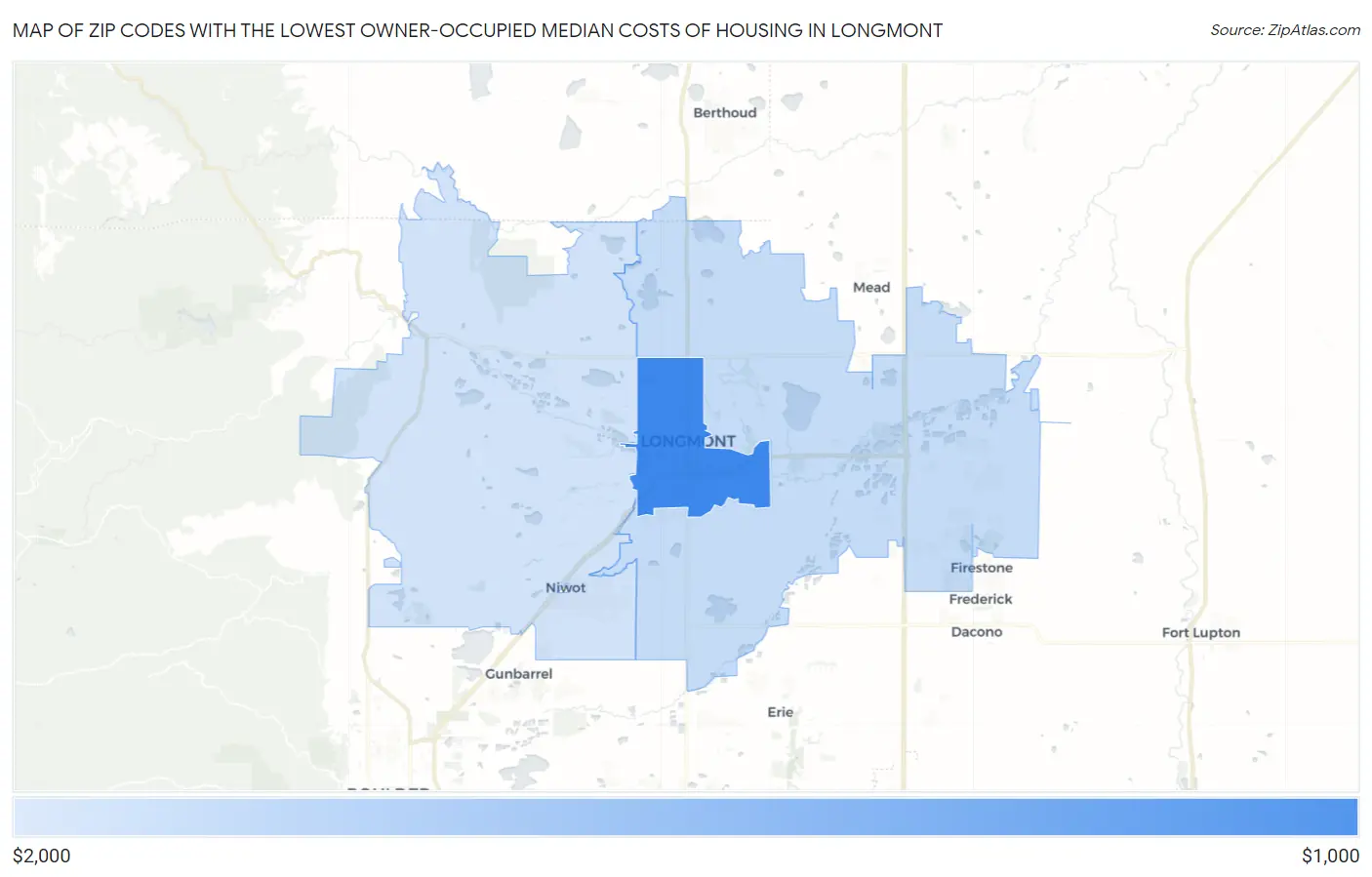 Zip Codes with the Lowest Owner-Occupied Median Costs of Housing in Longmont Map