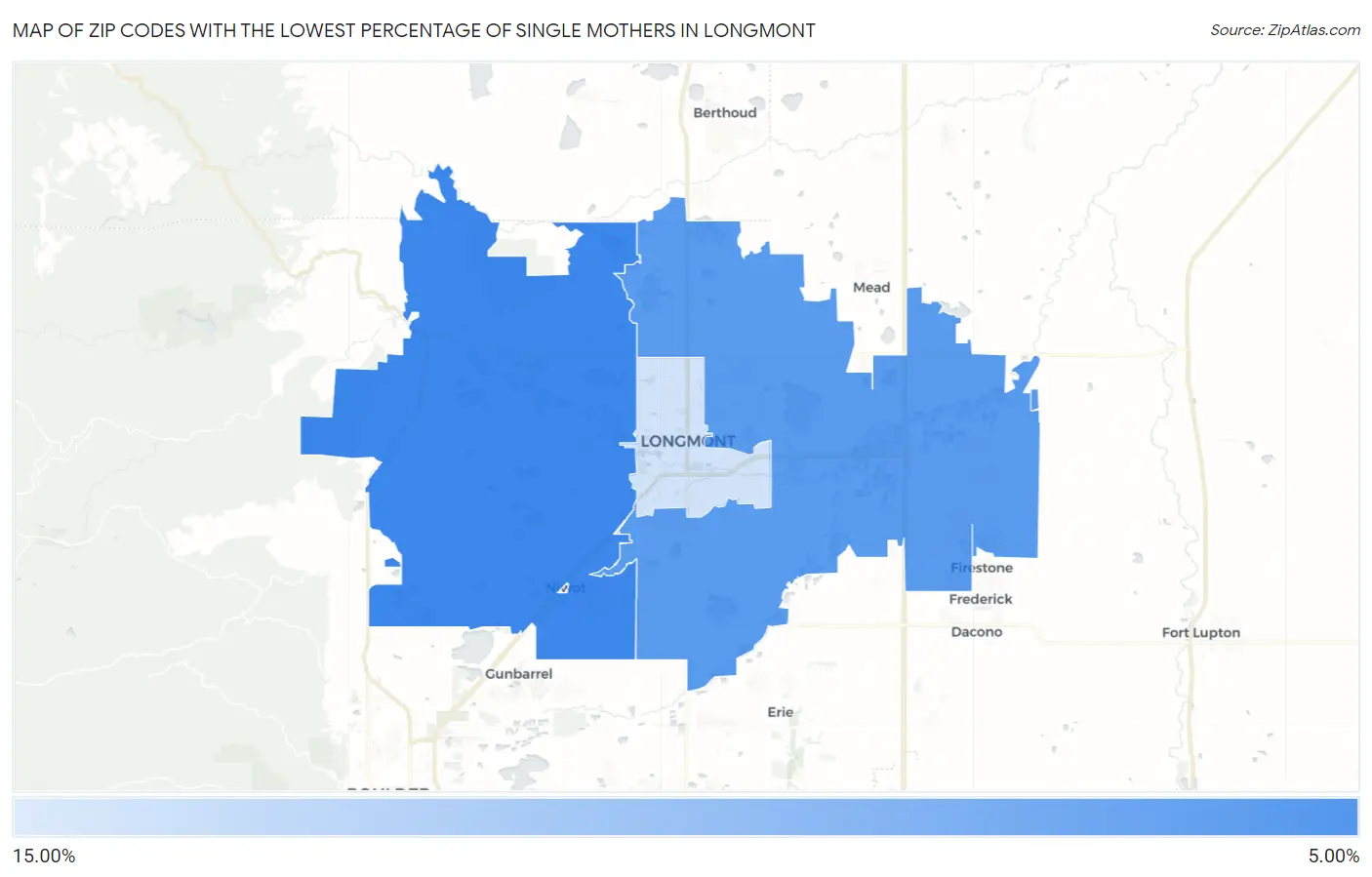 Zip Codes with the Lowest Percentage of Single Mothers in Longmont Map