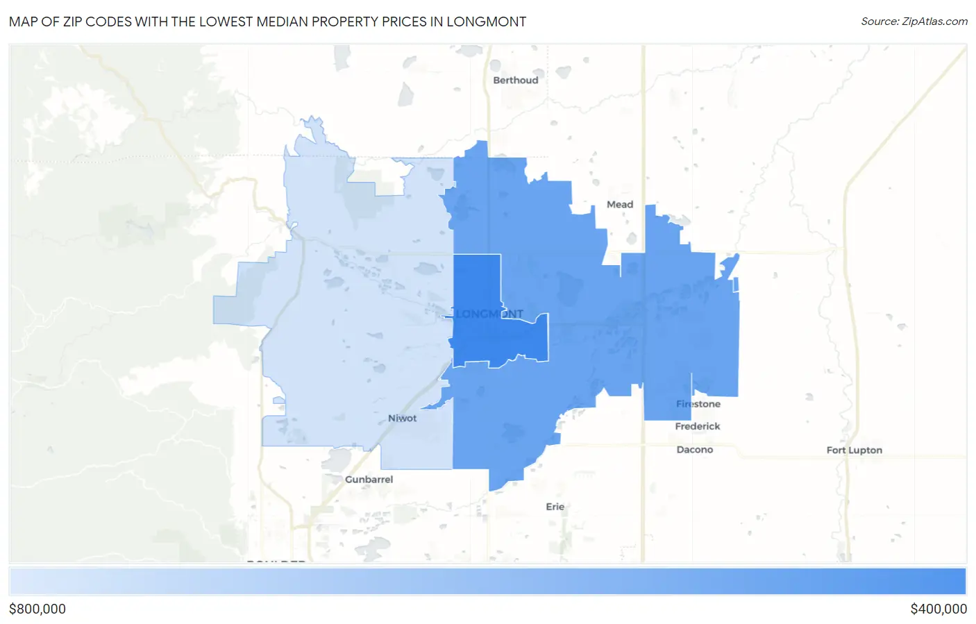 Zip Codes with the Lowest Median Property Prices in Longmont Map