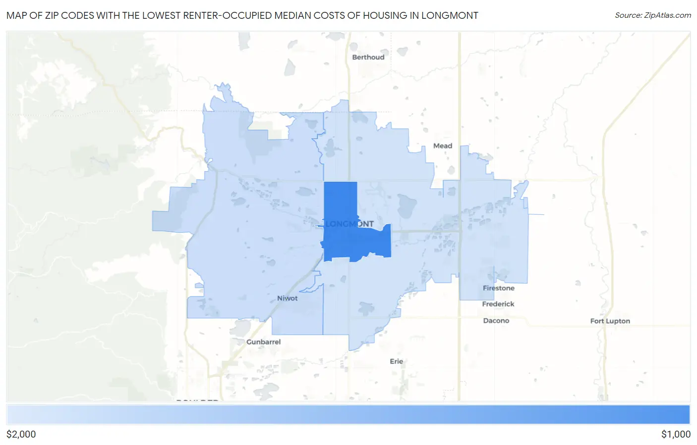 Zip Codes with the Lowest Renter-Occupied Median Costs of Housing in Longmont Map