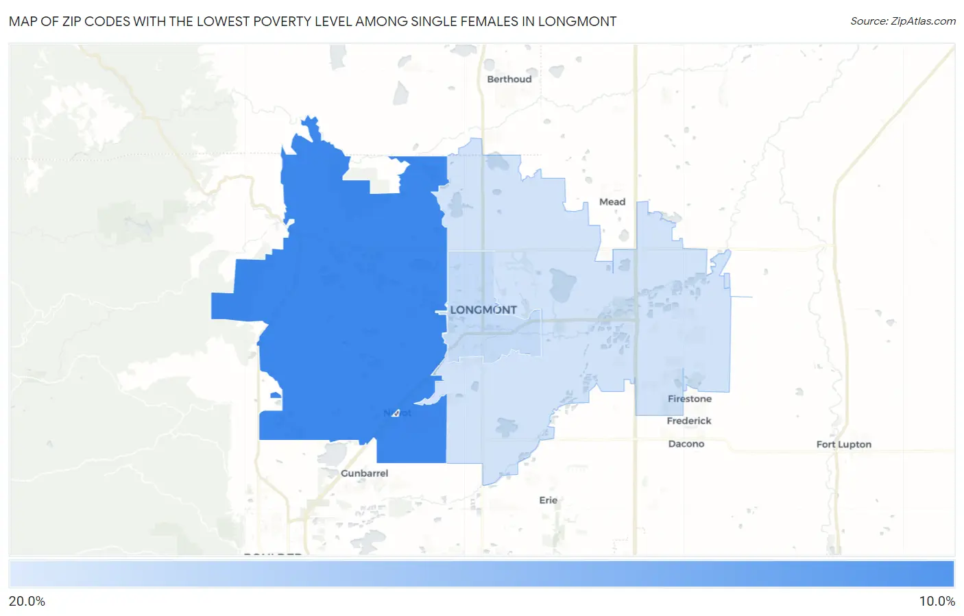 Zip Codes with the Lowest Poverty Level Among Single Females in Longmont Map
