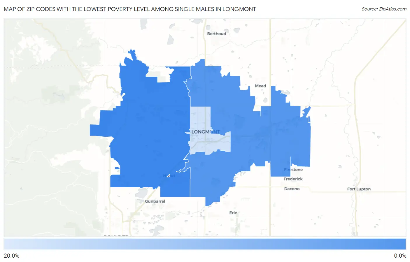 Zip Codes with the Lowest Poverty Level Among Single Males in Longmont Map