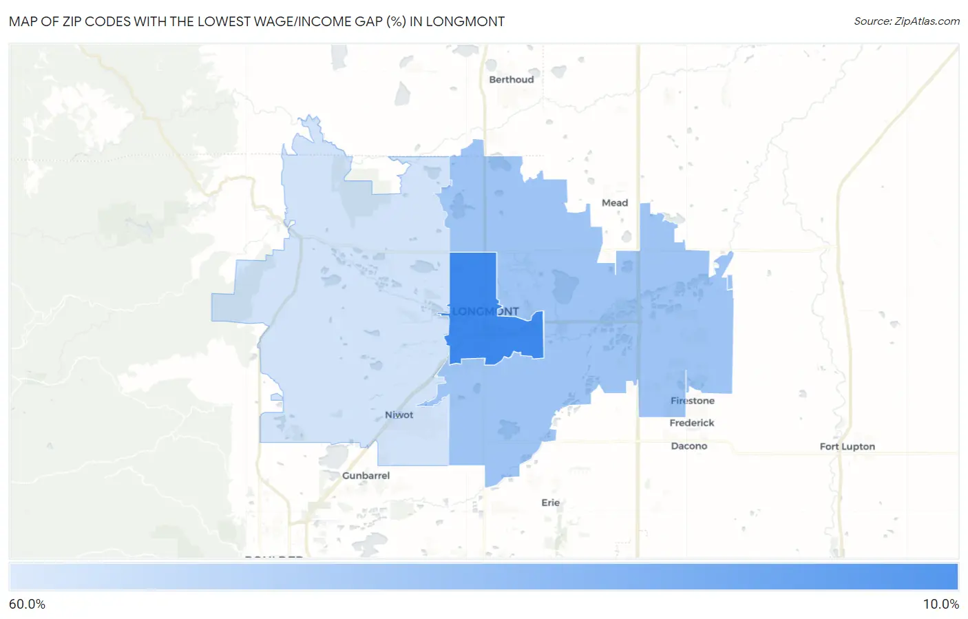 Zip Codes with the Lowest Wage/Income Gap (%) in Longmont Map