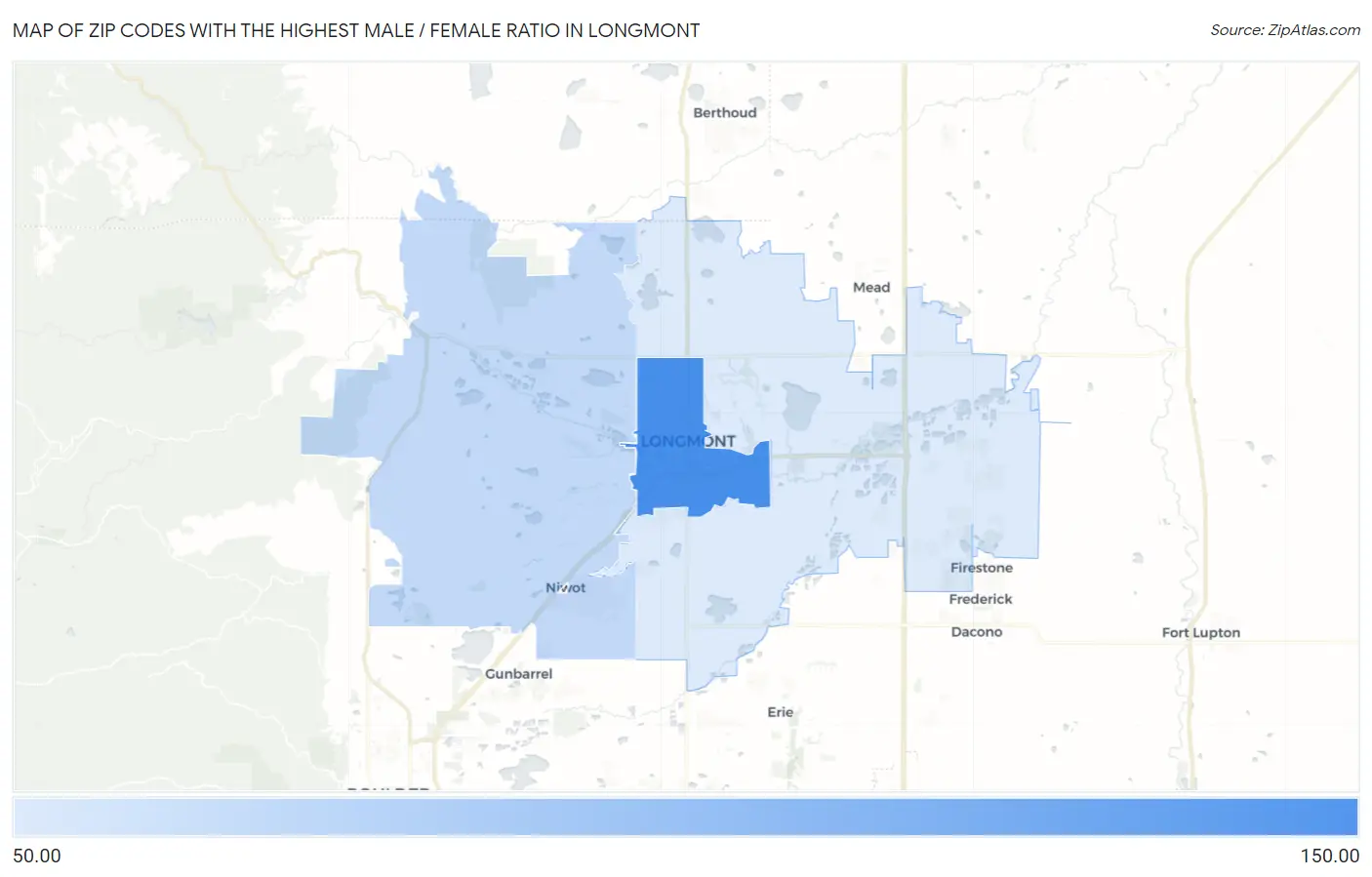 Zip Codes with the Highest Male / Female Ratio in Longmont Map