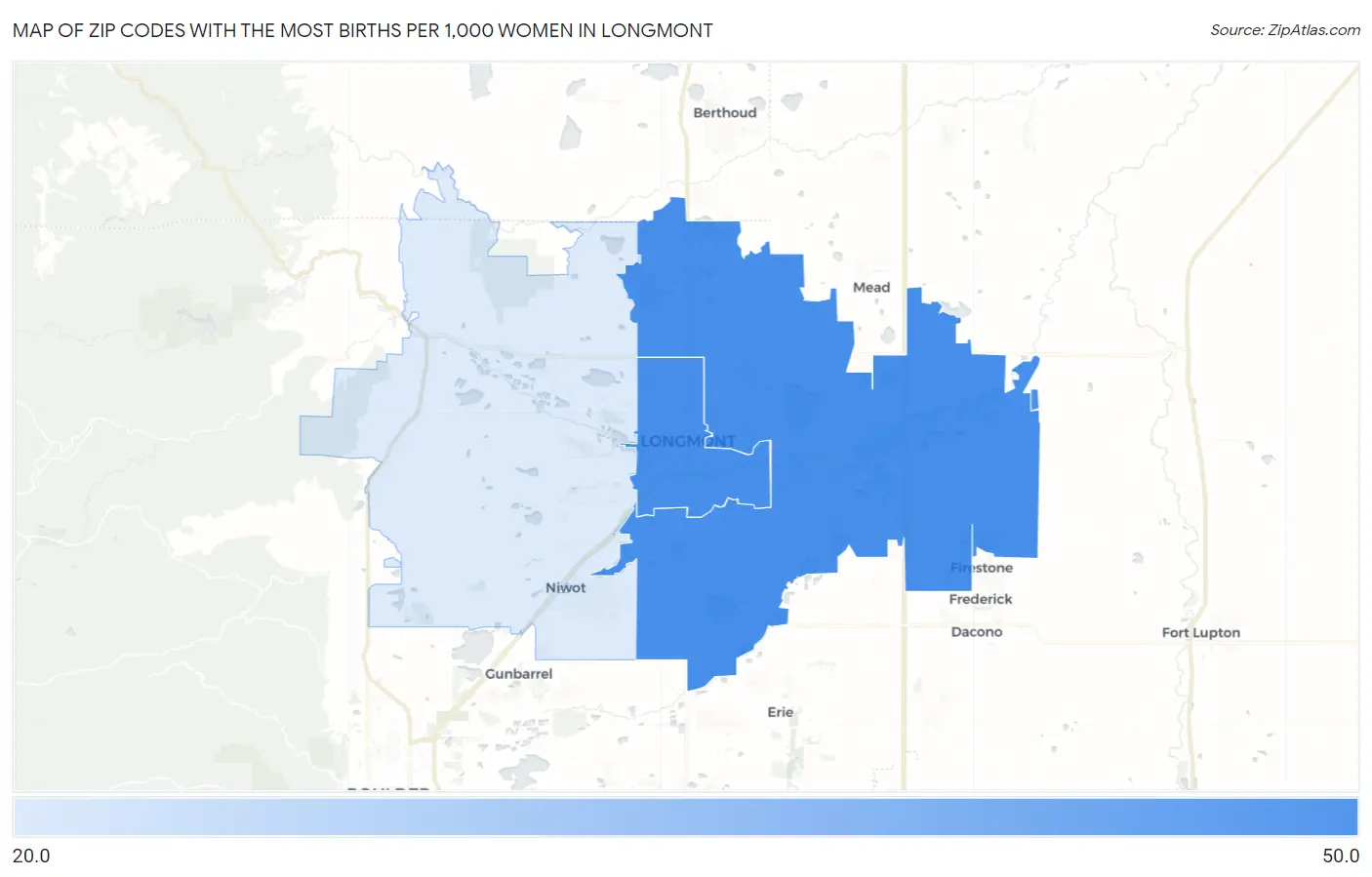 Zip Codes with the Most Births per 1,000 Women in Longmont Map