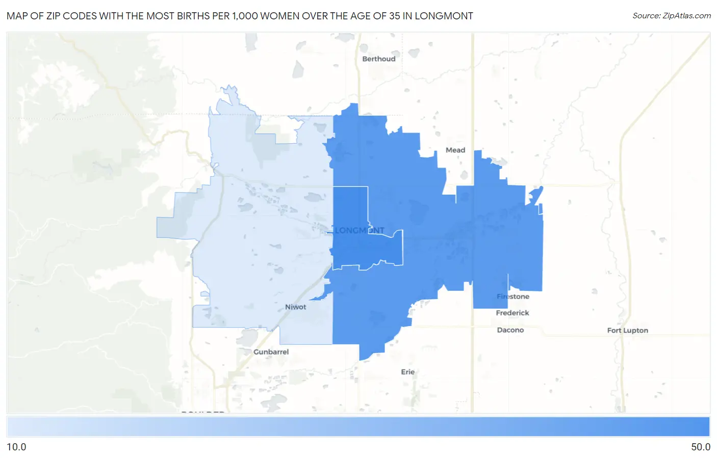 Zip Codes with the Most Births per 1,000 Women Over the Age of 35 in Longmont Map