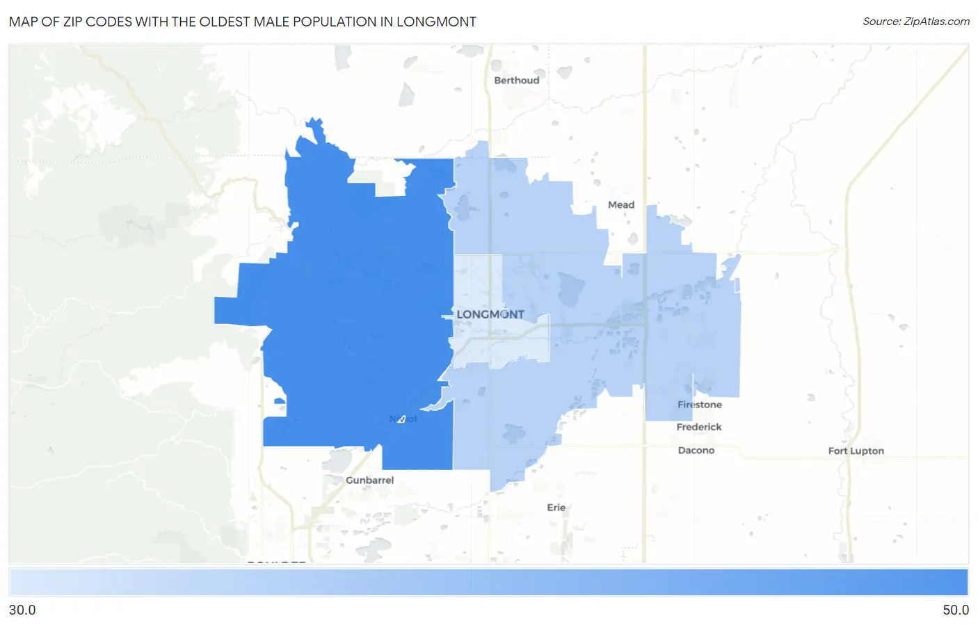 Zip Codes with the Oldest Male Population in Longmont Map