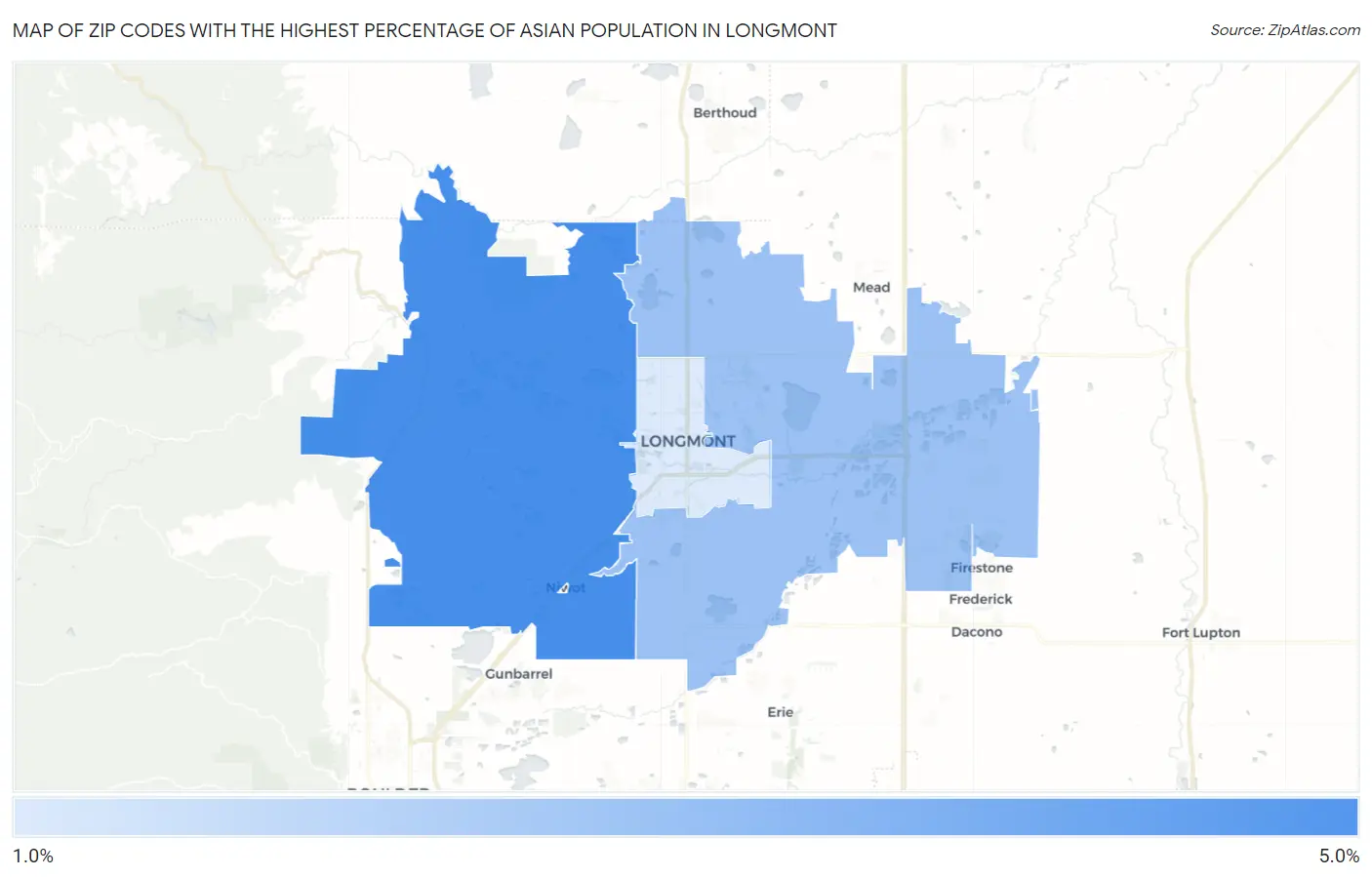 Zip Codes with the Highest Percentage of Asian Population in Longmont Map