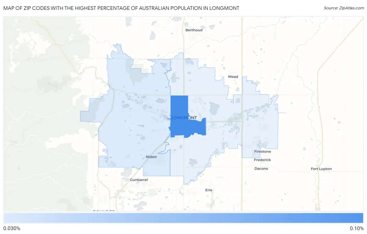 Zip Codes with the Highest Percentage of Australian Population in Longmont Map