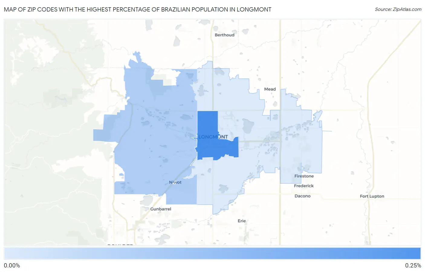 Zip Codes with the Highest Percentage of Brazilian Population in Longmont Map