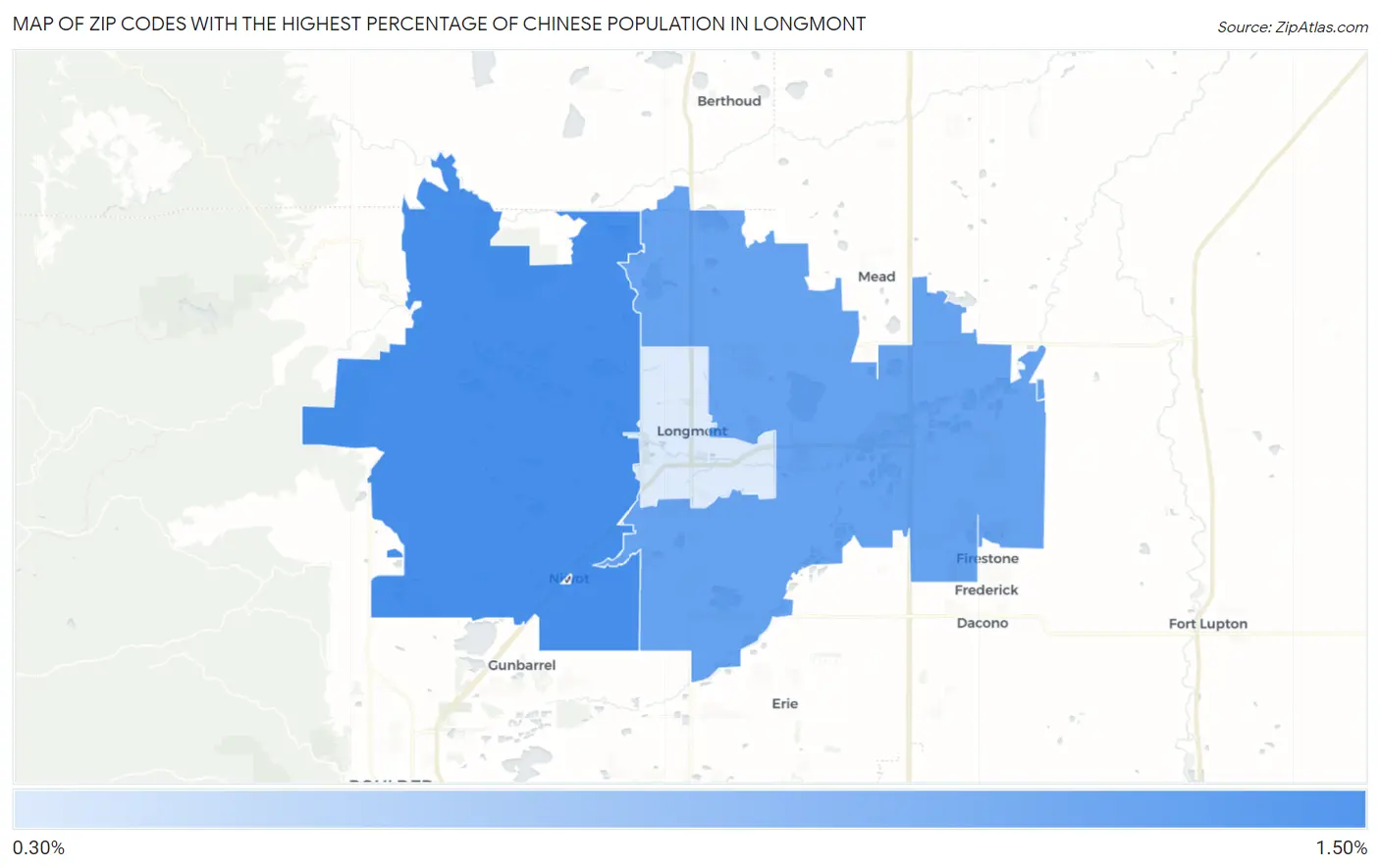 Zip Codes with the Highest Percentage of Chinese Population in Longmont Map
