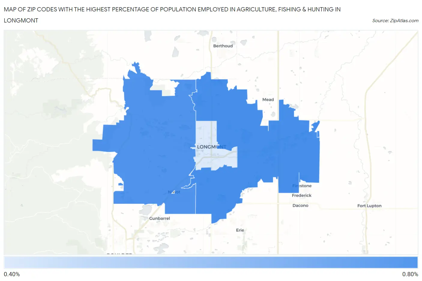 Zip Codes with the Highest Percentage of Population Employed in Agriculture, Fishing & Hunting in Longmont Map
