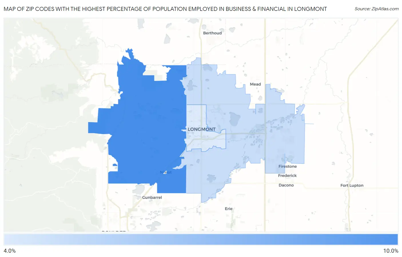 Zip Codes with the Highest Percentage of Population Employed in Business & Financial in Longmont Map
