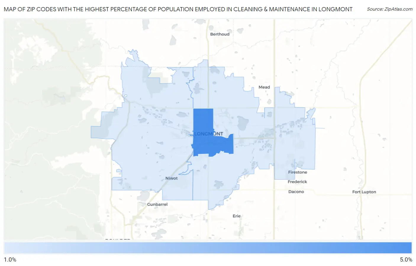 Zip Codes with the Highest Percentage of Population Employed in Cleaning & Maintenance in Longmont Map